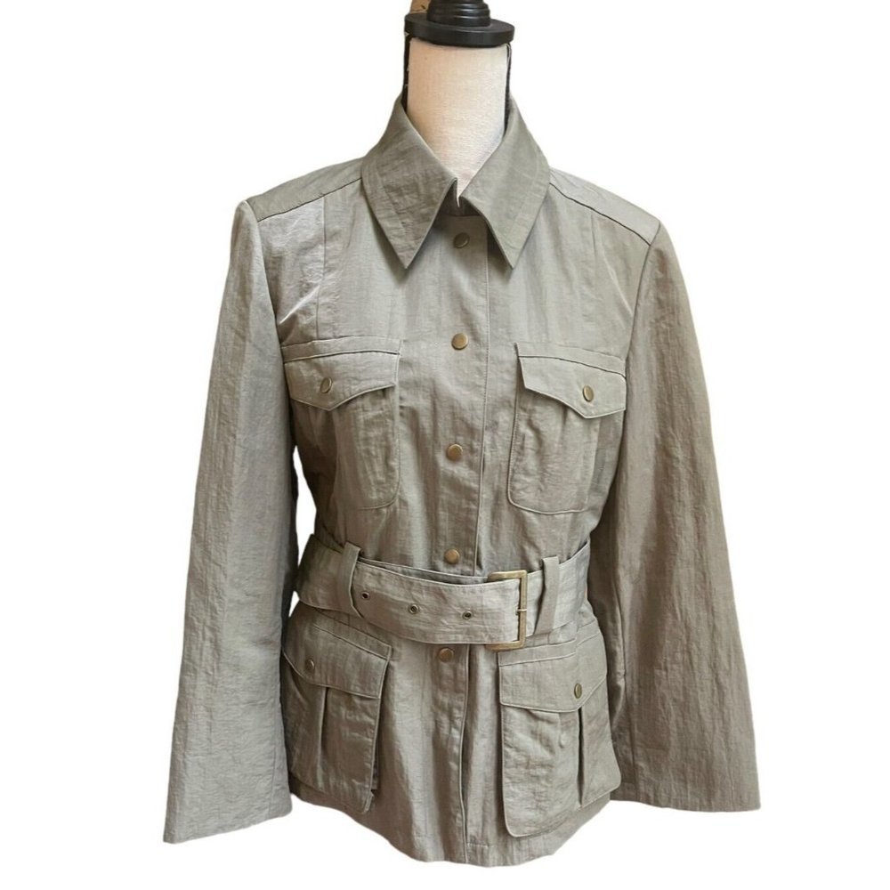 J Jill Nylon Olive Green Snap Front Lined Safari Trench Belted Jacket Size M